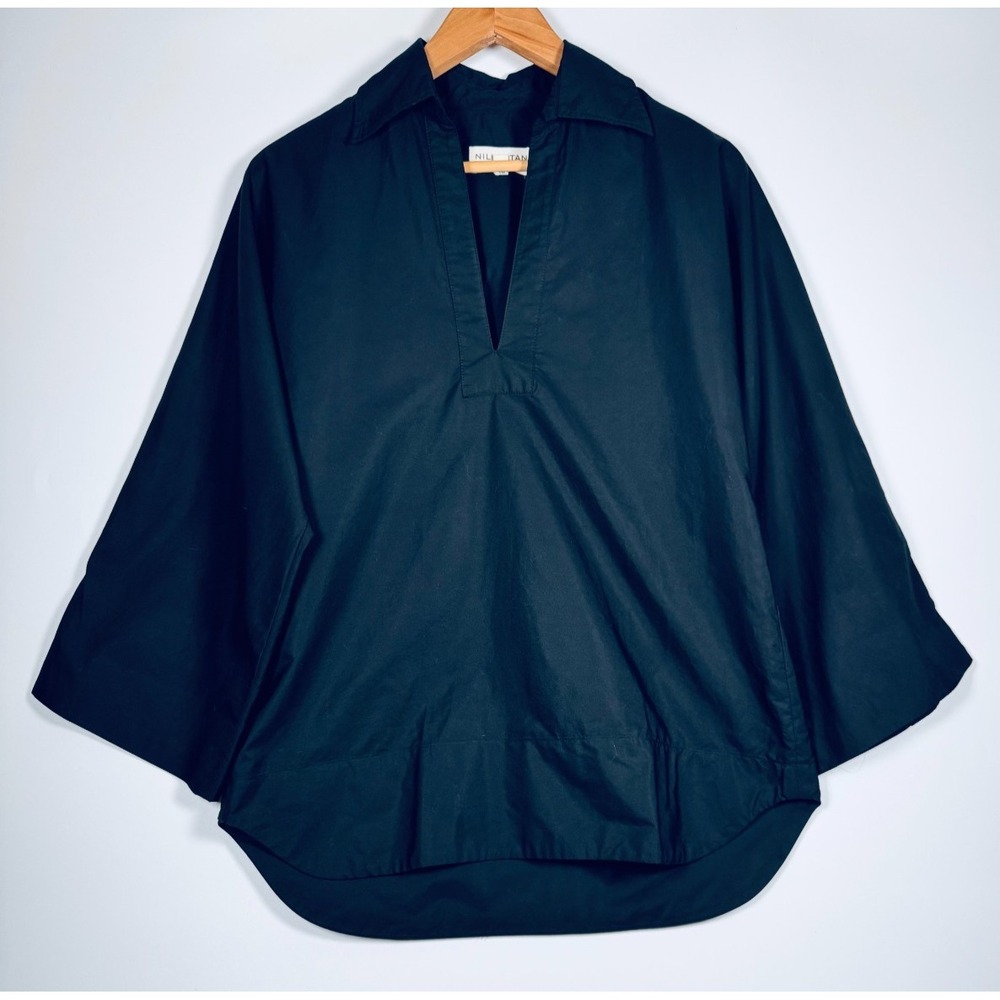 Nili Lotan Popover Tunic Top Womens XS Black Cotton Kimono Sleeve Made in USA
